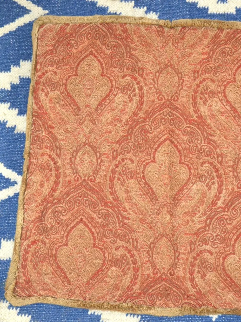 Restoration Hardware-Soft Chenille Red/Gold Paisley Tapestry Pillow Fringe Cover